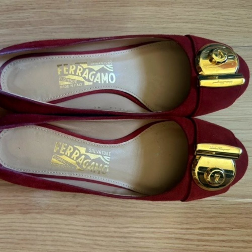 Salvatore Ferragamo red suede block heel pumps